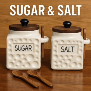 Jhaji Ceramics Airtight Storage Containers Set with Wooden Lids and Spoons, White (Sugar Salt)