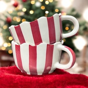 Jhaji Ceramics Christmas Red Strip Painted Broad Soup Bowl,Ceramic Coffee Broad Mugs & Cups,Christmas Mugs for Gifting (Pack of 2, 300ml, White)