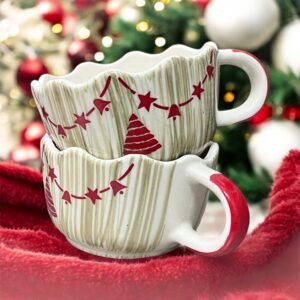 Jhaji Ceramics Christmas Decorative Painted Broad Soup Bowl,Ceramic Coffee Broad Mugs & Cups,Christmas Mugs for Gifting (Pack of 2, 300ml, White)