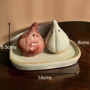 Jhaji Ceramics Handcrafted Ceramic Garlic & Onion Salt & Pepper Shaker Set with Tray