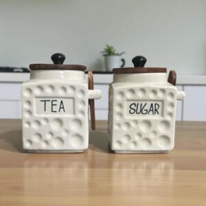 Jhaji Ceramics Airtight Storage Containers Set with Wooden Lids and Spoons, White (Tea Sugar)
