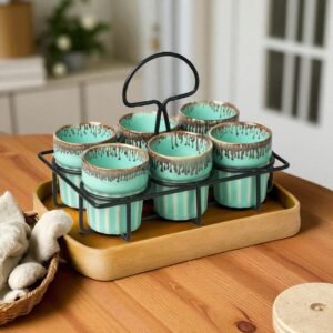 Jhaji Ceramics Dual Glazed Edition Coffee & Tea Cups With Wire Holder & Elegant Studio Pottery, Set Of 6(Multicolour, 120ml)