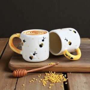 Jhaji Ceramics Bee Mug – Yellow Ceramic Coffee & Tea Cups, 300 ml (Set of 2) | Perfect for Latte, Cappuccino, Green Tea, Hot Chocolate & Milk