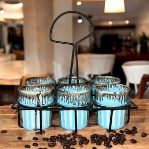Jhaji Ceramics Dual Glazed Edition Coffee & Tea Cups With Wire Holder & Elegant Studio Pottery, Set Of 6(Multicolour, 120ml)
