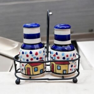 Jhaji Ceramics Salt Pepper Sprinkler Set for Dining Table & Kitchen Ceramic Salt and Pepper Shakers Set Dispenser Set with Wire Holders (80 ML)