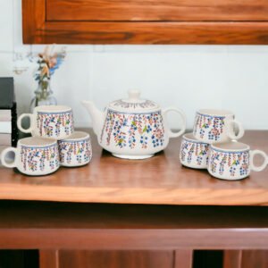Jhaji Ceramics Hand-Painted Ceramic Coffee and Tea Cups Set with Kettle - Set of 7, Perfect for Gifting (Floral Edition)