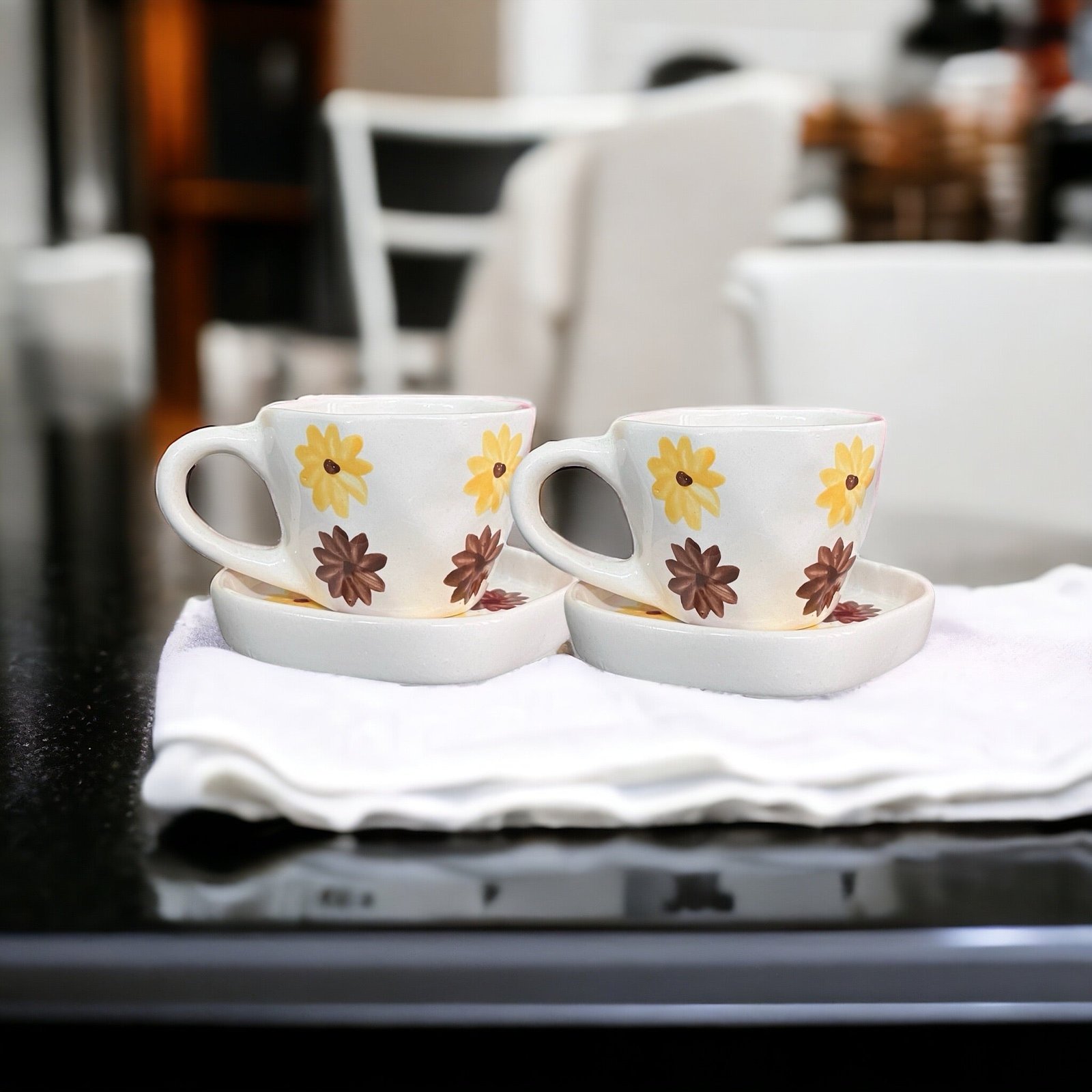 Jhaji Ceramics Sunflower Mug & Saucer 250 ML Handmade Ceramic Mugs Gift to Best Friend Coffee/Tea/Milk/Green Tea/Cold Coffee Mugs/Cup Microwave Safe & Dishwasher Safe (Set of 2)