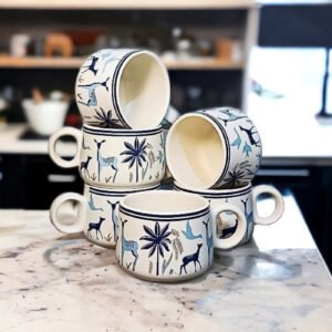 Jhaji Ceramics Adventure Edition Coffee & Tea Cups With Modern Art Work Of Alive Deer And Floral Print, Set Of 6(White, 150ml)