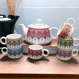Jhaji Ceramics Hand-Painted Ceramic Coffee and Tea Cups Set with Kettle - Set of 7, Perfect for Gifting (Royal Edition)