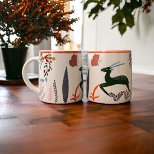 Jhaji Ceramics Adventure Edition Coffee & Tea Mugs With Modern Art Work Of Alive Deer And Forest Print, Set Of 2 (White, 250ml)