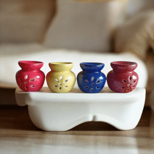 Jhaji Ceramics Room Fragrance Essential Oil Warmer Ceramic Aroma Candle Flame Diffuser Superior Design Candle (Natural) Wedding Gift for Couple & Christmas Crib Set of 4 | 12 T light candles | Fragrance oil Lemon & Lavender 10 ml each  (Random Colours)