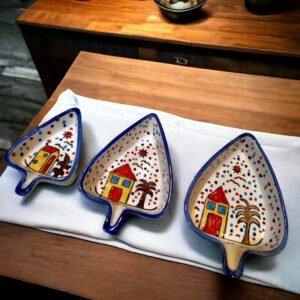 Jhaji Ceramics Handpainted Leaf Shaped Hand Painted Ceramic Glossy Tray Set for Serving Cookies, Dry Fruits, Sweets and Snacks (Set of 3, Length â€“ 16 cm, 15 cm and 12 cm) | Small Platter Set (50-25 ML, Set of 3) (Multicolor