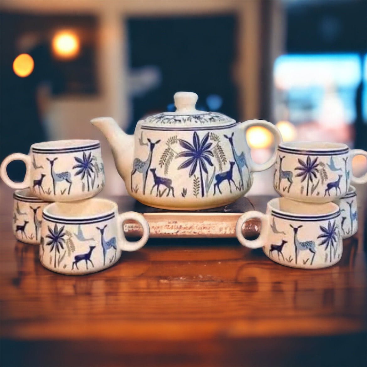 Jhaji Ceramics Hand-Painted Ceramic Coffee and Tea Cups Set with Kettle - Set of 7, Perfect for Gifting (Forest)