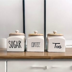 Jhaji Ceramics Ceramic Tea Coffee Sugar Canister Set of 3 | Ceramic Kitchen Airtight Storage Canister with Airtight Wooden Lid