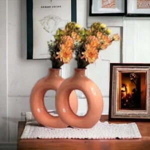 Jhaji Ceramics Ceramic Ring Shaped vases | Handcrafted Flower Vases and Pot for Home Decoration, Set of 2 (8 inches)
