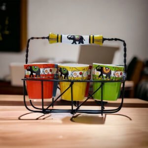 Jhaji Ceramics Desi Edition Coffee & Tea Cups With Wire Holder & Elegant Art Work Of Animal Print, Set Of 6(Multicolour, 150ml)