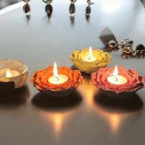 Jhaji Ceramics Designer Candle with Ceramic Holder | Flower Petals Style Flower Candle Lamps for Diwali | for Home Decor, Table Decoration, Christmas & Wedding