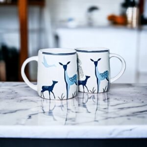 Jhaji Ceramics Adventure Edition Coffee & Tea Mugs With Modern Art Work Of Alive Deer And Floral Print, Set Of 2 (White, 250ml)