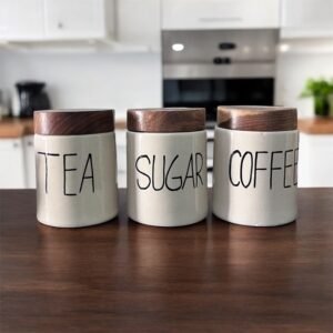 Jhaji Ceramics Ceramic Tea Coffee Sugar Canister Set of 3 | Ceramic Kitchen Airtight Storage Canister with Airtight Lid | Capacity Approx 300ML each